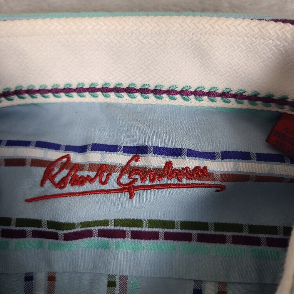 Robert Graham Button Up Shirt Large/XL Blue Stripe Flip Cuff Size Mens - Picture 6 of 11